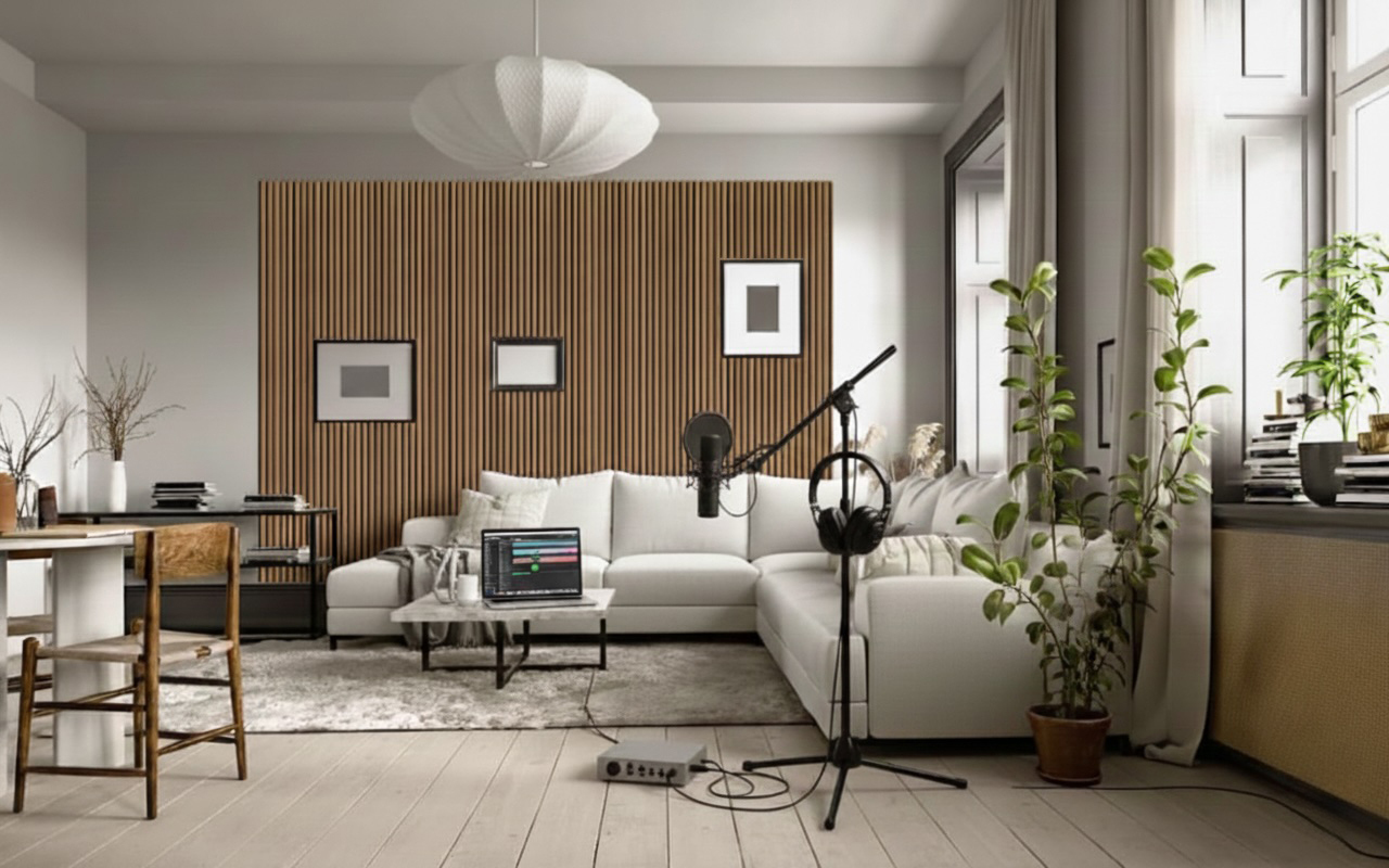 Slat Wood Acoustic Wall Panels in Walnut for a cozy work space