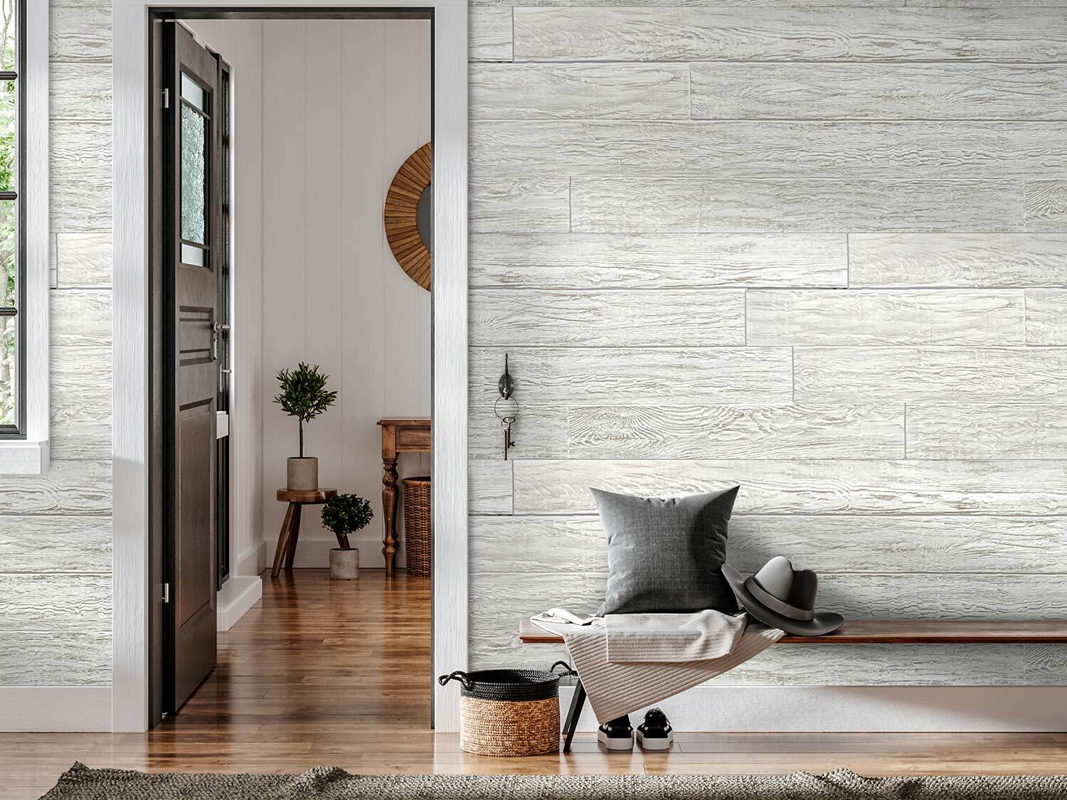 Washed Wood reclaimed shiplap faux barn wood paneling for English Country wall design