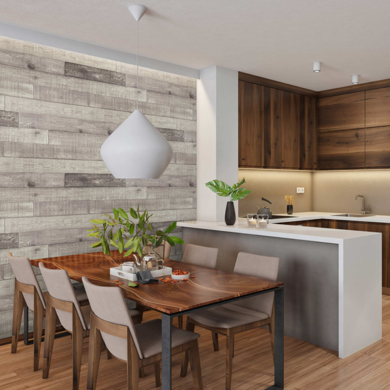 Reclaimed Shiplap Faux Barn Wood Panels in Weathered installed in a dining area