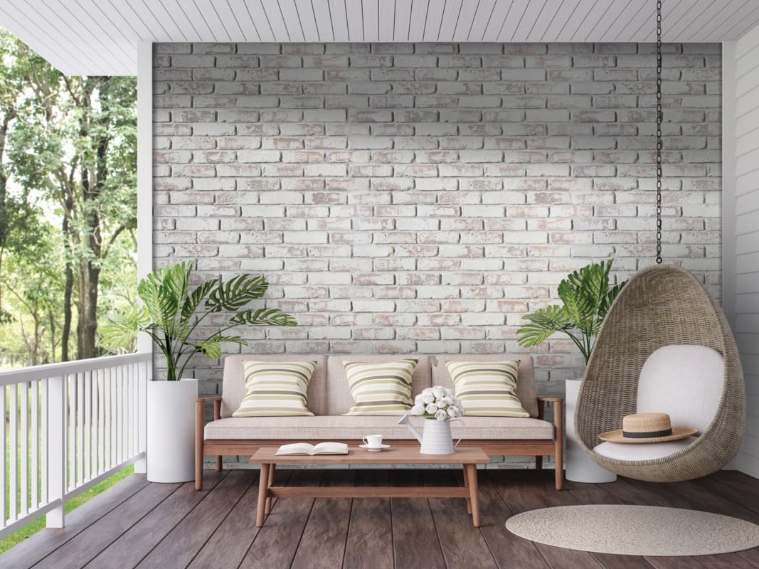 Whitewash Old Chicago faux brick front porch paneling for spring