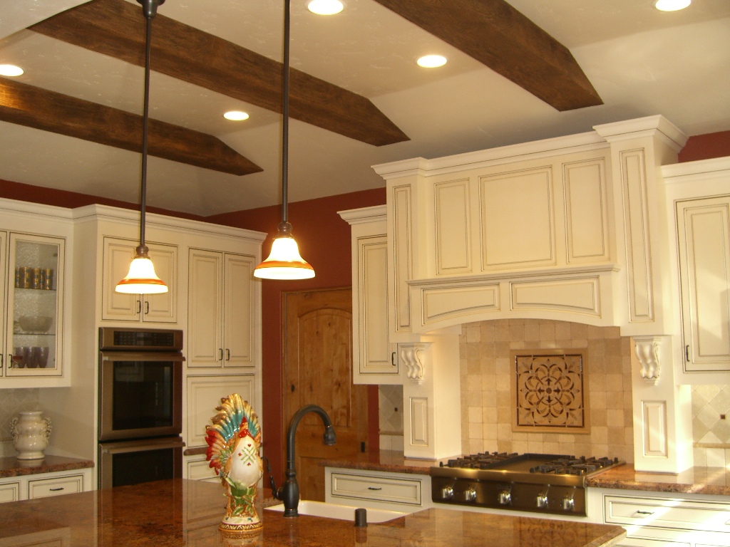 Stained Faux Wood Beams on a kitchen ceiling